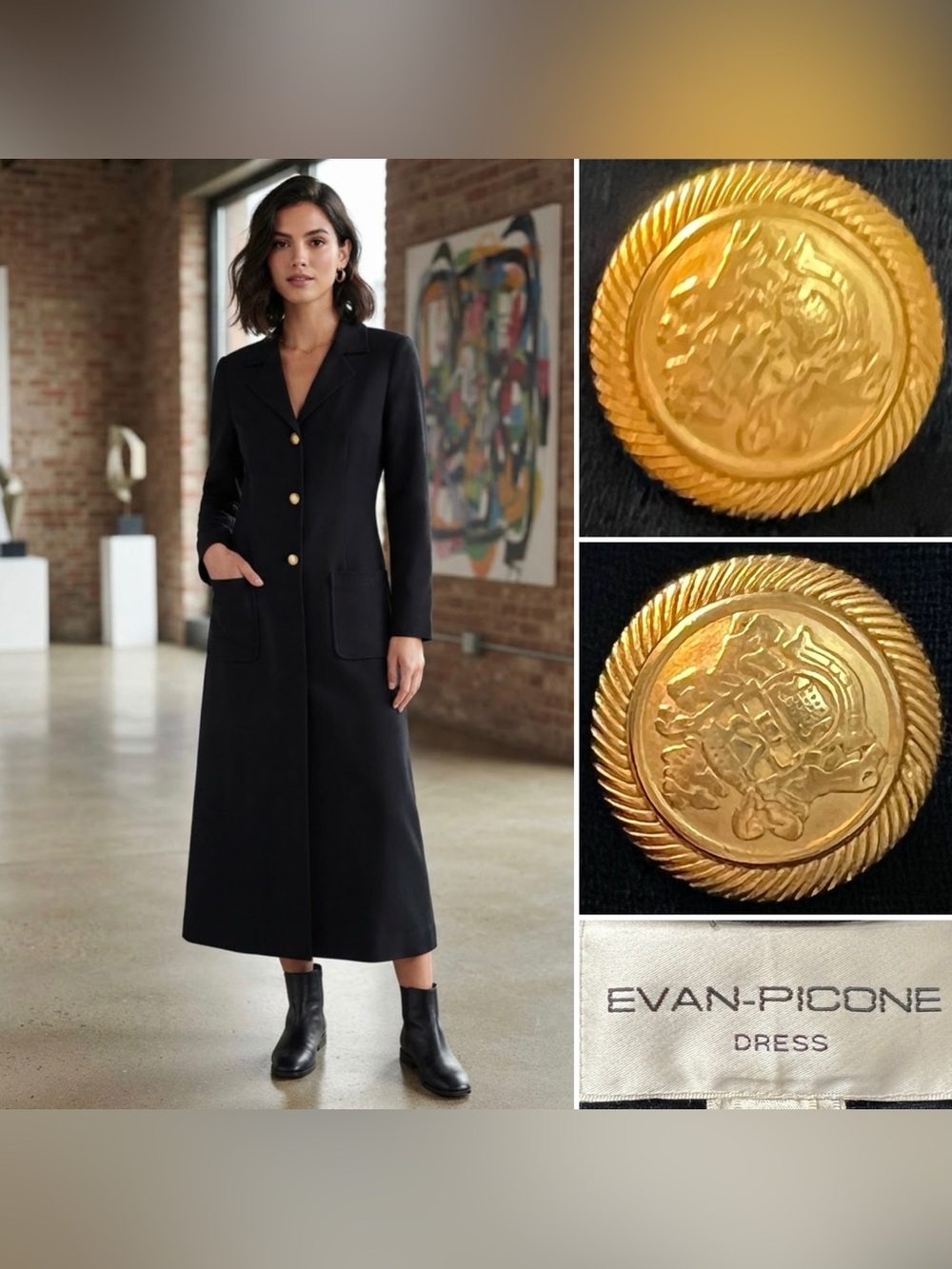 Vintage Evan-Picone Women’s 8 Navy Crepe Gold Button Midi Shirt Dress